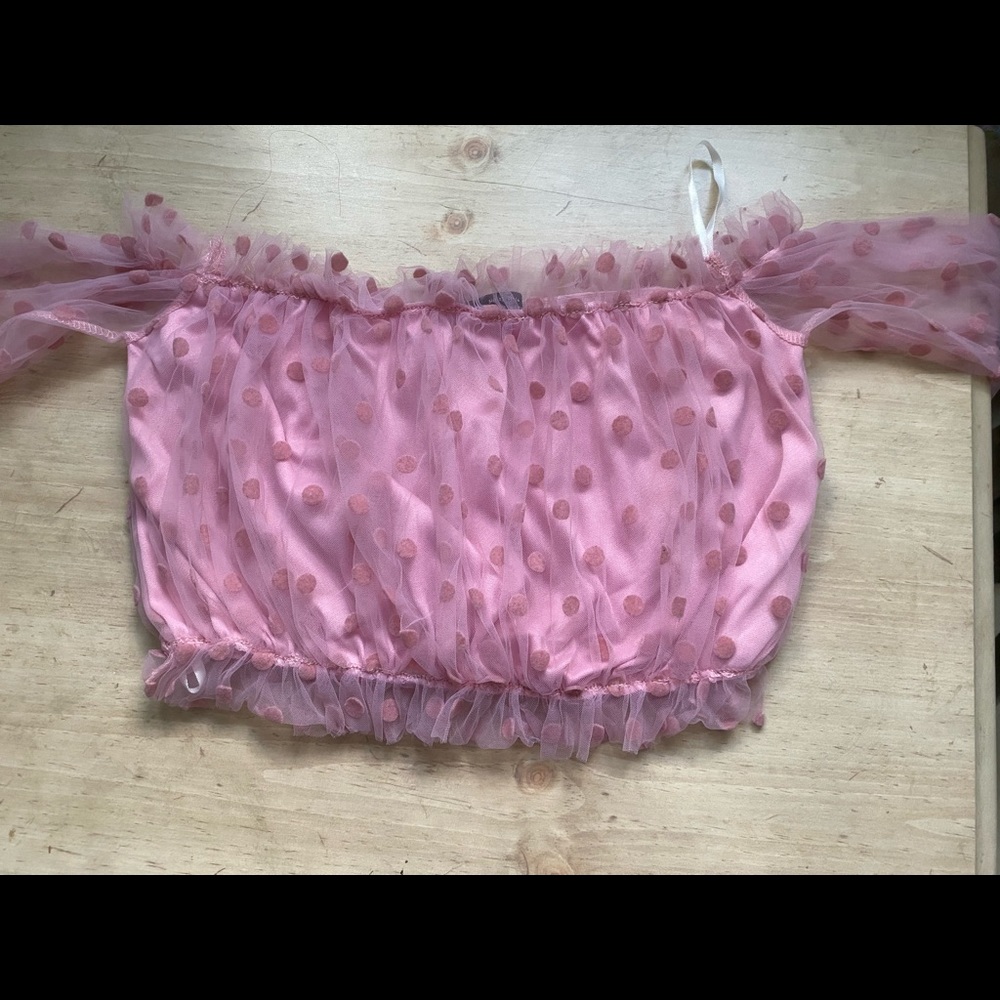 Shein frill trim polka dot flocked mesh overlay Bardot top.